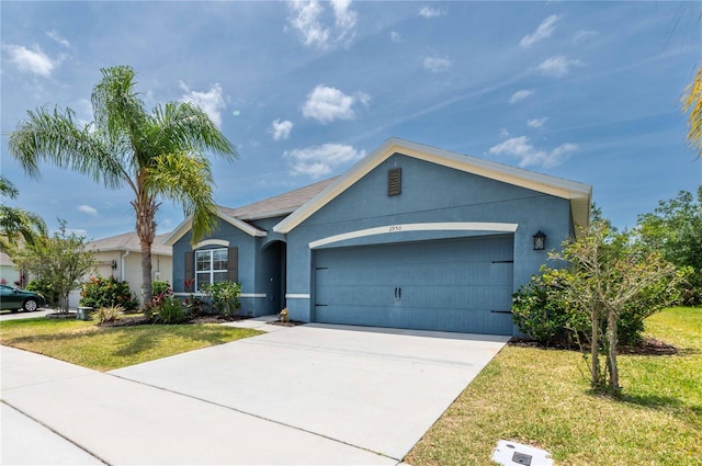 2950 Gibraltar Blvd, New Smyrna Beach, FL 32168 - ranch-style house featuring an attached garage, concrete driveway, a front lawn, and stucco siding
