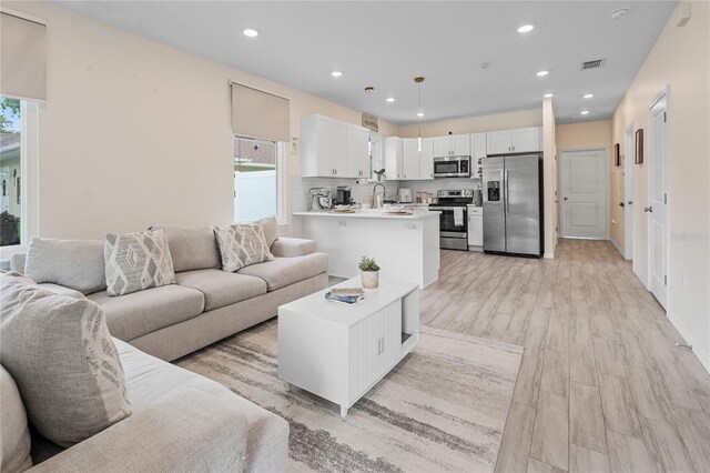 living room with light hardwood / wood-style flooring and sink