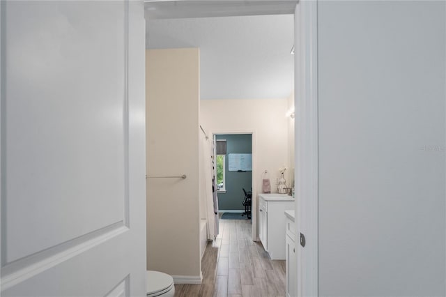 bathroom with vanity, wood-type flooring, and toilet