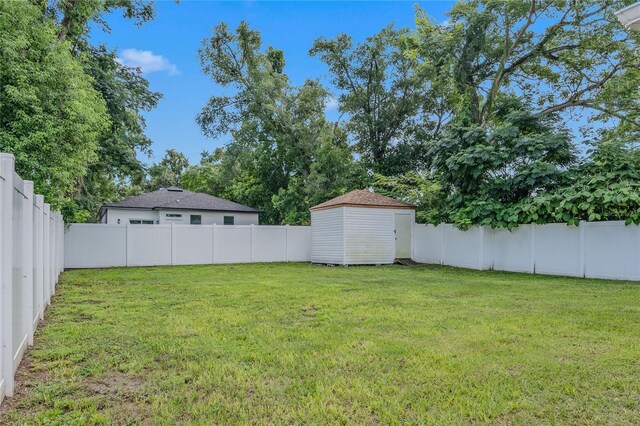 view of yard featuring a storage unit