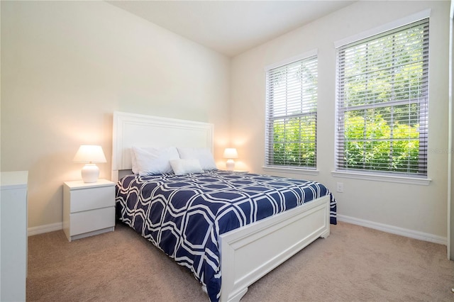 bedroom with light colored carpet