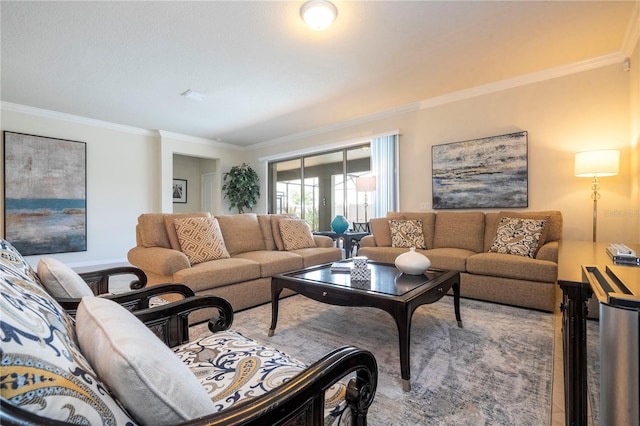 living room with ornamental molding