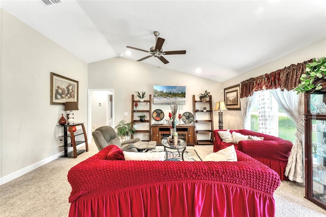 living room with light carpet, vaulted ceiling, and ceiling fan