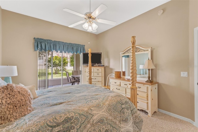 bedroom featuring access to outside, light colored carpet, and ceiling fan