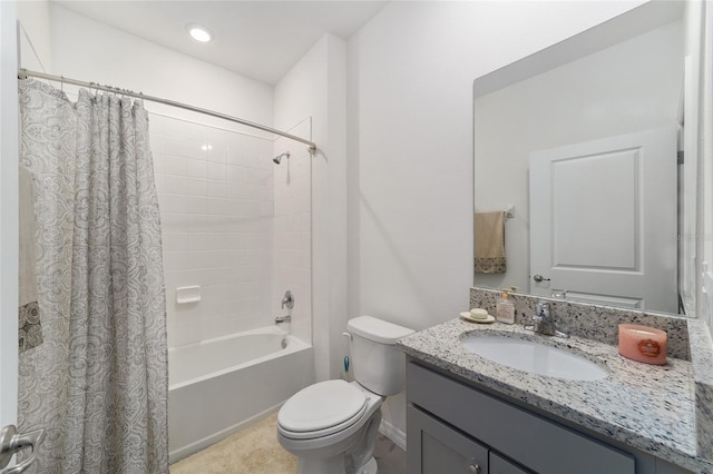 full bathroom with shower / bath combination with curtain, toilet, and vanity