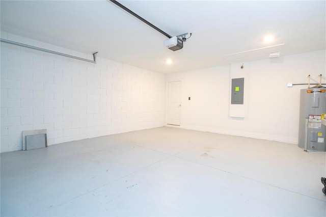 garage featuring a garage door opener, electric panel, and electric water heater