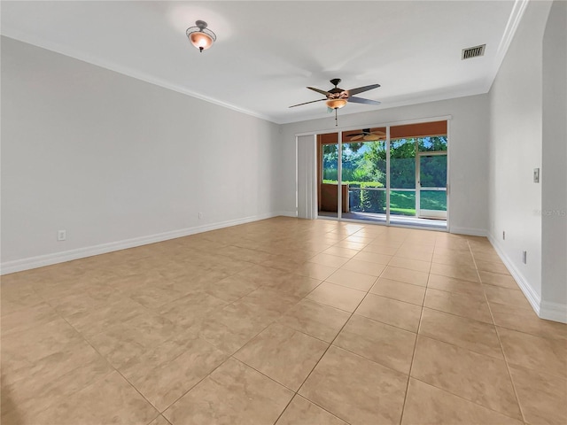 unfurnished room with crown molding, ceiling fan, and light tile patterned flooring