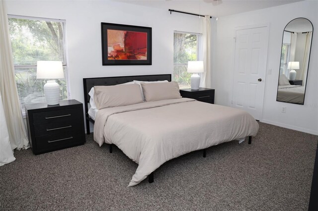 bedroom featuring dark colored carpet and multiple windows