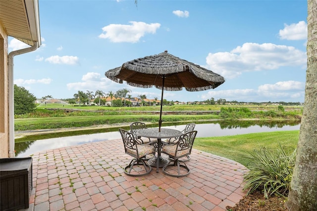 view of patio / terrace featuring a water view