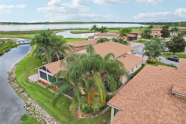 aerial view featuring a water view