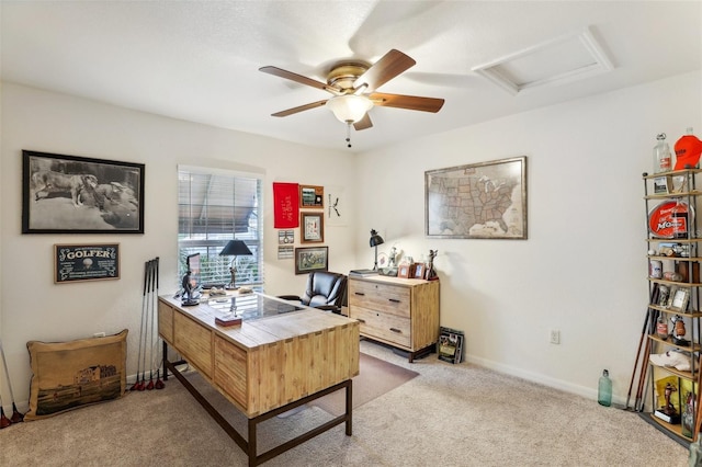 carpeted office with ceiling fan