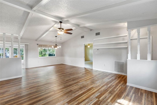 unfurnished living room with a textured ceiling, vaulted ceiling with beams, ceiling fan with notable chandelier, and hardwood / wood-style flooring