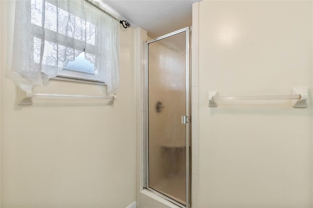 bathroom featuring a shower with shower door