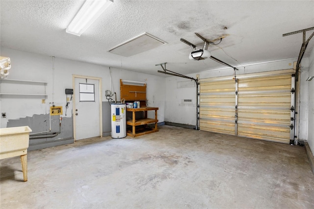 garage featuring electric water heater and a garage door opener