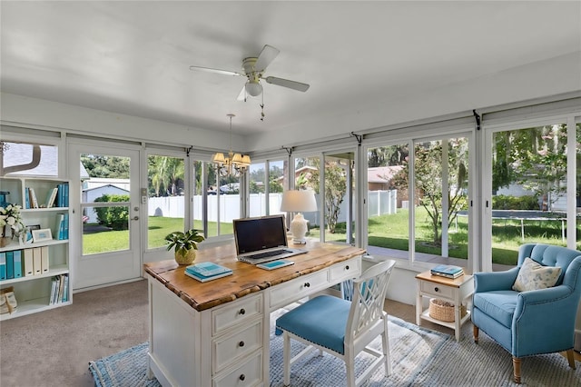 office area with a wealth of natural light, carpet, and ceiling fan