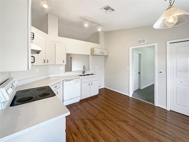 kitchen with pendant lighting, dishwasher, stove, white cabinets, and sink