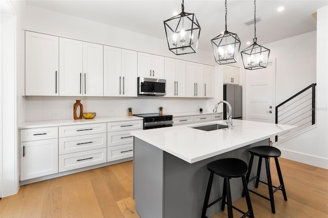 kitchen with pendant lighting, sink, white cabinets, a kitchen island with sink, and stainless steel appliances