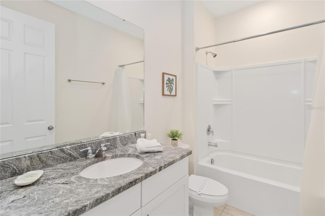 full bathroom featuring vanity, shower / bathtub combination with curtain, tile patterned flooring, and toilet