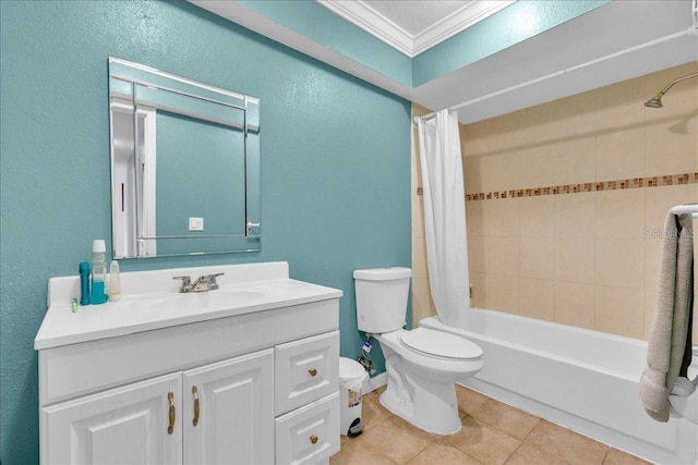 full bathroom with tile patterned flooring, vanity, ornamental molding, toilet, and shower / bath combo with shower curtain