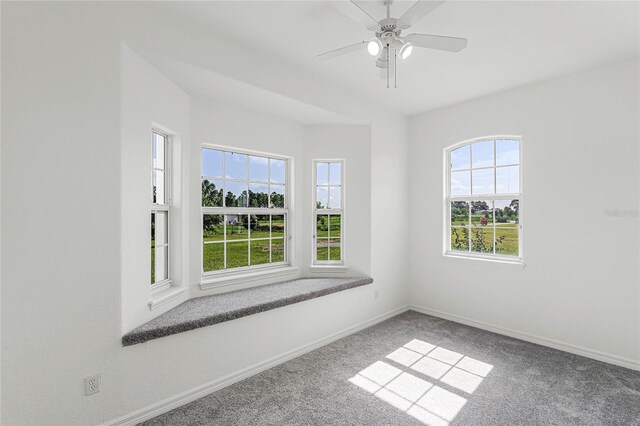 empty room featuring carpet flooring, ceiling fan, and a healthy amount of sunlight