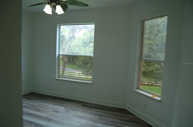 empty room with plenty of natural light, hardwood / wood-style floors, and ceiling fan