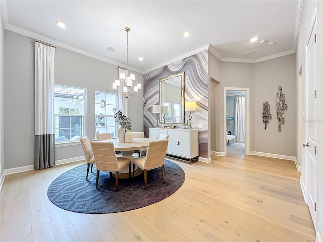 10193 Brocksport Cir, Gotha, FL 34734 - dining area with light wood-style flooring, a chandelier, crown molding, and recessed lighting
