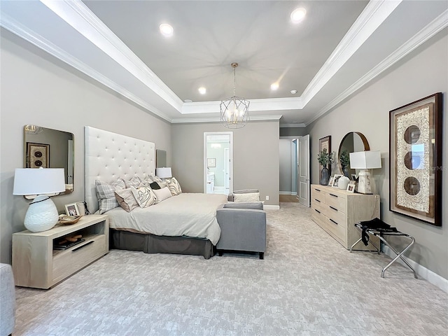 bedroom with a raised ceiling, ornamental molding, a chandelier, and light colored carpet