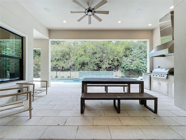 view of patio with a fenced in pool, area for grilling, ceiling fan, and grilling area