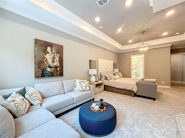 10193 Brocksport Cir, Gotha, FL 34734 - bedroom with light colored carpet, ornamental molding, recessed lighting, a raised ceiling, and a chandelier