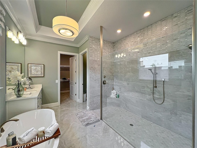 10193 Brocksport Cir, Gotha, FL 34734 - full bathroom with vanity, ornamental molding, tiled shower, a soaking tub, and marble finish flooring