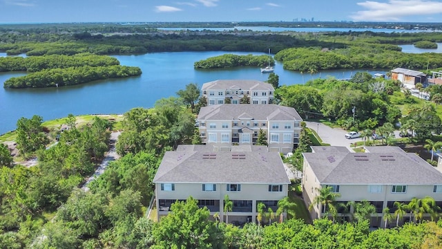 drone / aerial view with a water view