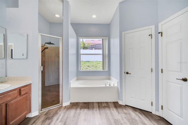 bathroom featuring vanity, wood-type flooring, and independent shower and bath