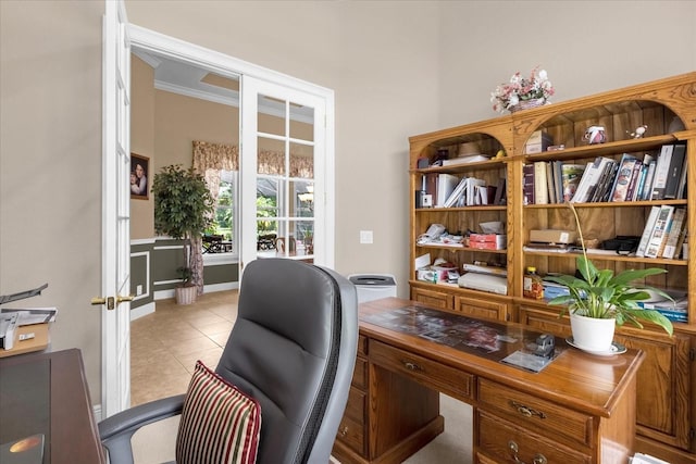 tiled office with ornamental molding