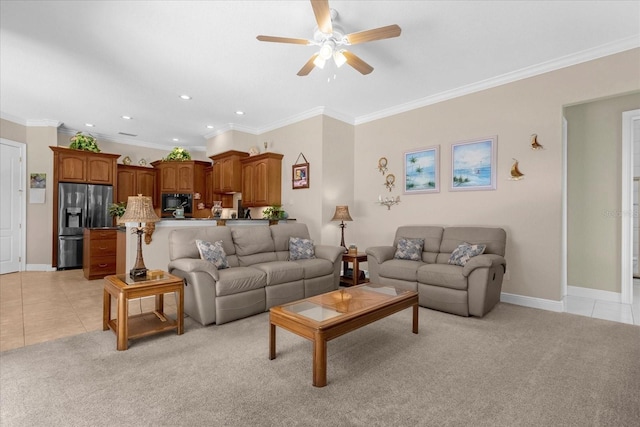 living room featuring ceiling fan, light colored carpet, and ornamental molding