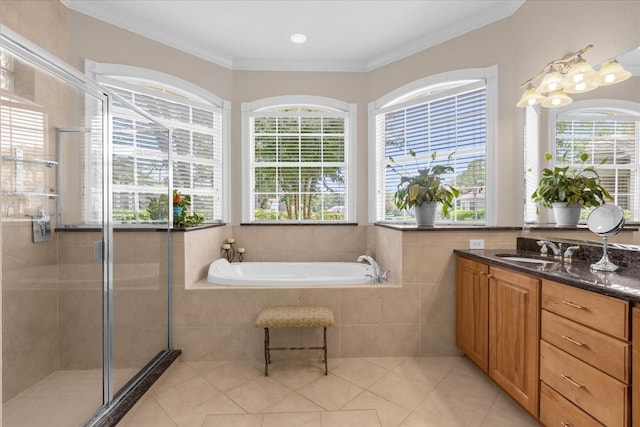 bathroom with independent shower and bath, ornamental molding, tile patterned flooring, and a wealth of natural light