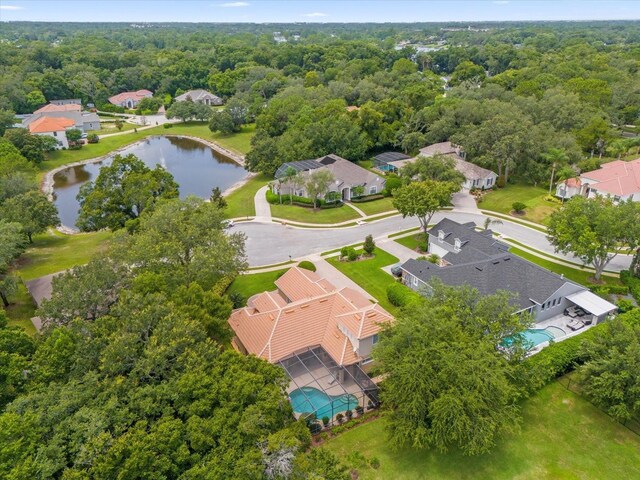 aerial view featuring a water view