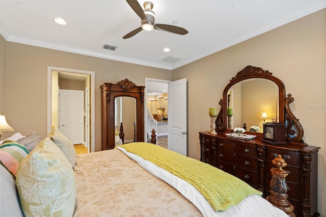 bedroom with ceiling fan and ornamental molding