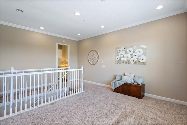 interior space with crown molding and carpet flooring