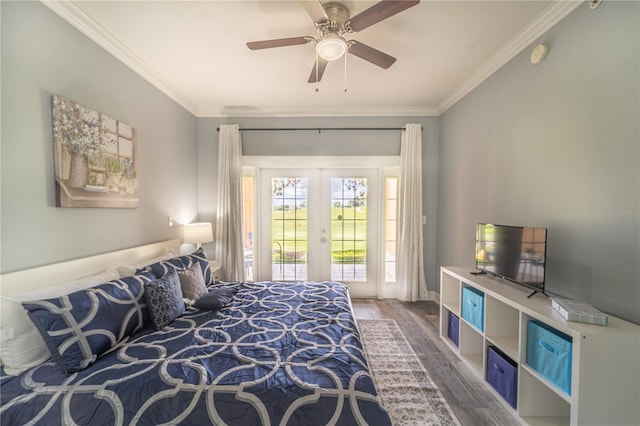 bedroom with wood-type flooring, access to outside, ceiling fan, crown molding, and french doors