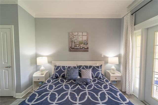 bedroom featuring wood-type flooring and ornamental molding