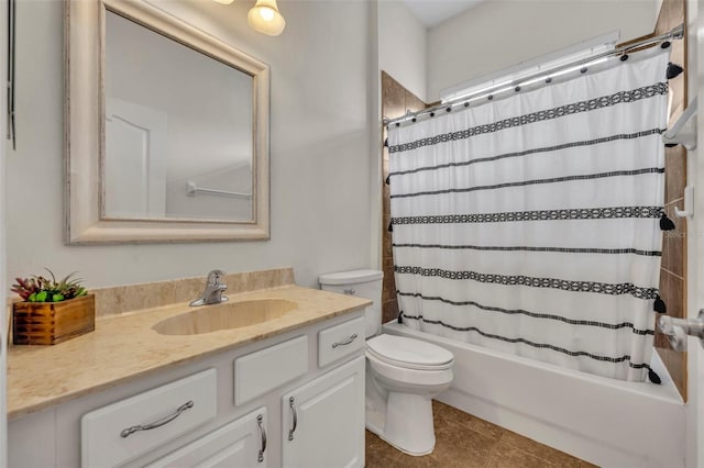 full bathroom featuring tile patterned floors, vanity, toilet, and shower / tub combo with curtain