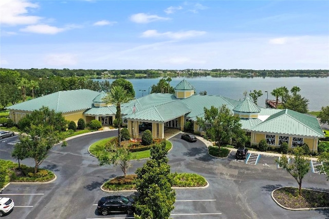 drone / aerial view with a water view