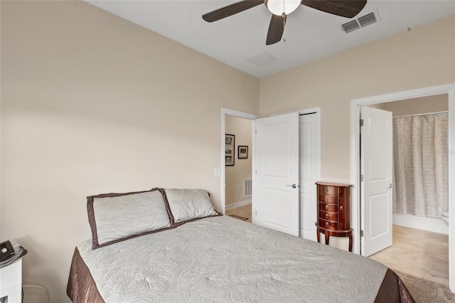bedroom with ceiling fan and visible vents