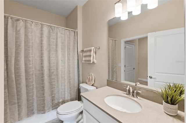 full bathroom with toilet, shower / tub combo with curtain, and vanity