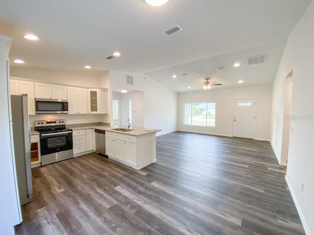 kitchen with sink, stainless steel appliances, kitchen peninsula, and white cabinets