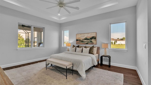 bedroom featuring a tray ceiling, ceiling fan, multiple windows, and dark wood-type flooring