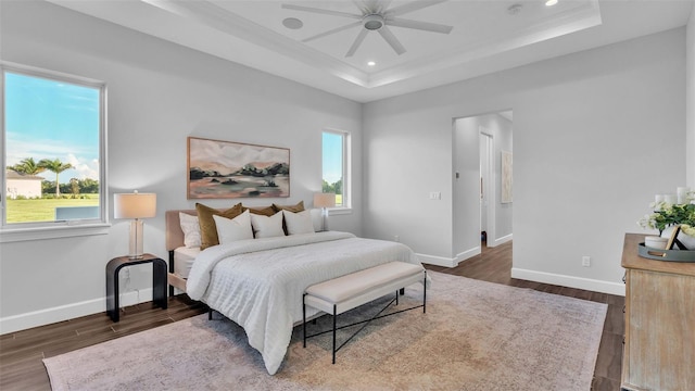 bedroom with multiple windows, a raised ceiling, ceiling fan, and dark hardwood / wood-style flooring