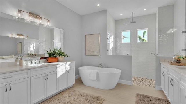 1529 Rio Vista Ter, Parrish, FL 34219 - full bath featuring a walk in shower, vanity, recessed lighting, a freestanding tub, and baseboards