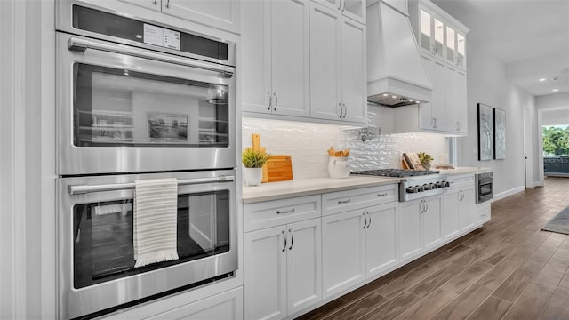 1529 Rio Vista Ter, Parrish, FL 34219 - kitchen with baseboards, premium range hood, light countertops, tasteful backsplash, and appliances with stainless steel finishes