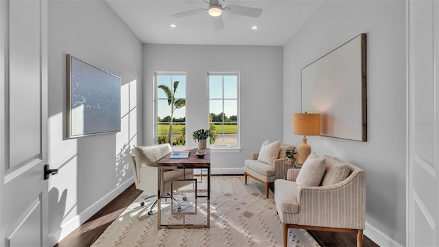 1529 Rio Vista Ter, Parrish, FL 34219 - office with baseboards, ceiling fan, recessed lighting, and wood finished floors